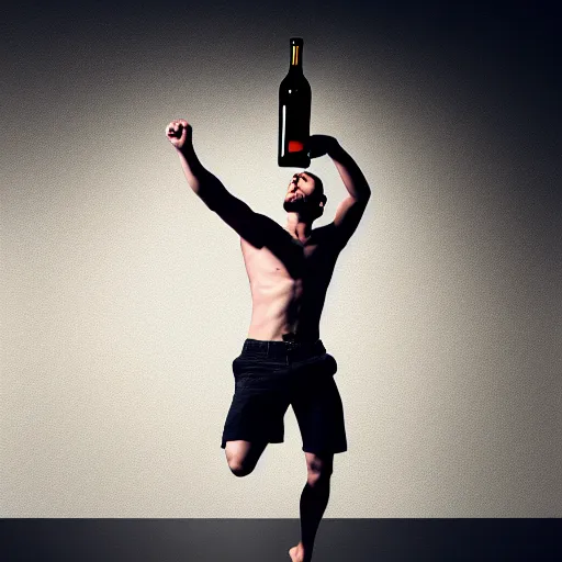 Prompt: an epic portrait of a man jumping in the while holding a bottle, feet kick, highly detailed, high quality, 8k HDR, path tracing, epic image, realistic face, hyperrealistic, badass pose, digital art, five fingers, anatomically correct, dramatic lighting, studio quality, profile photo