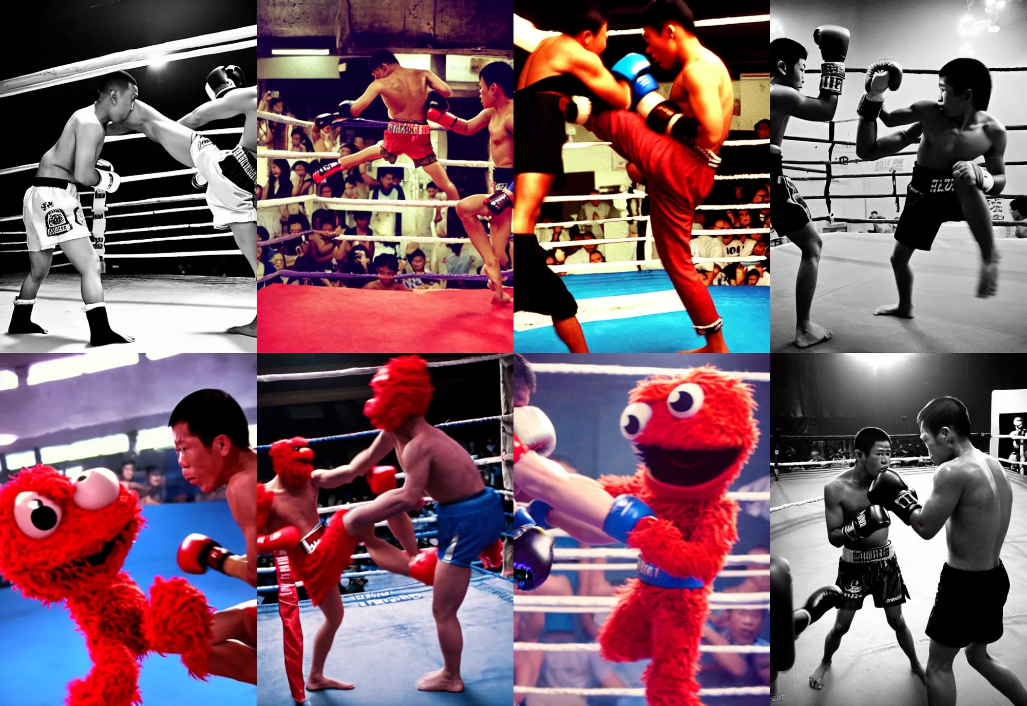 Prompt: scared elmo and cookie monster muay thai boxing match, high kick, lumpinee boxing stadium, film still from the movie, wide lens