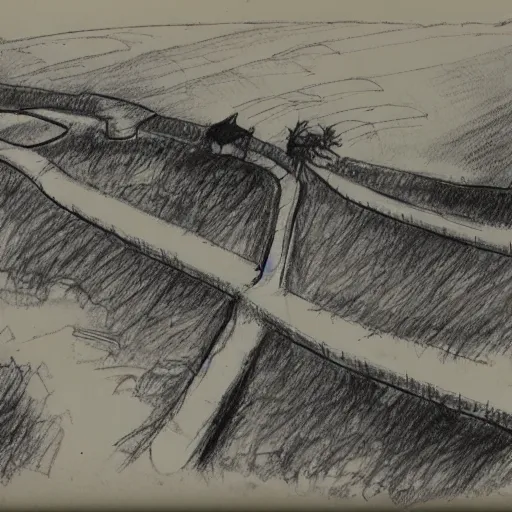 Image similar to milt kahl sketch of world war 1 trenches with the city of miami in the background