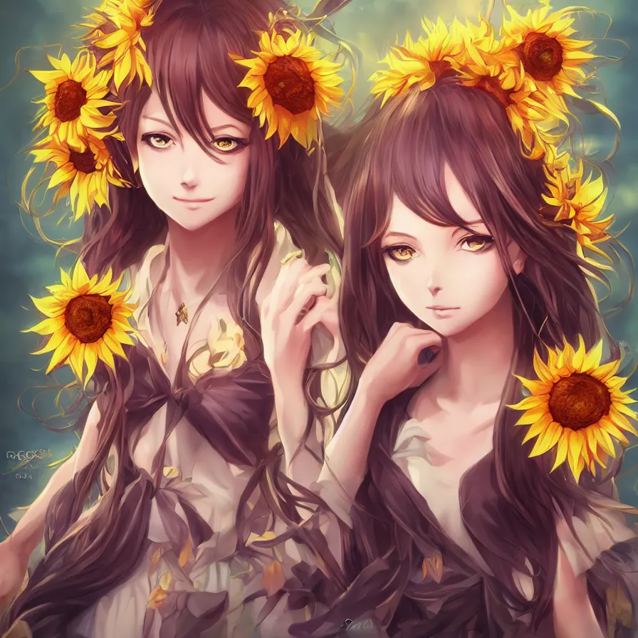 Prompt: The sunflower queen-goddess as an anime character digital illustration portrait design by Ross Tran, artgerm detailed, soft lighting