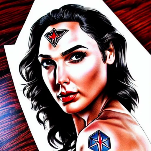 Image similar to Gal Gadot soldier pin up, extremely detailed, neo traditional tattoo art, full body, symmetrical face, symmetrical eyes, bright colors, full body pose