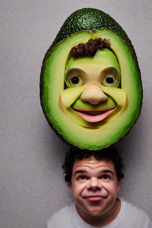 Prompt: 📷 gaten matarazzo face on avocado 🥑, made of food, head portrait, dynamic lighting, 4 k