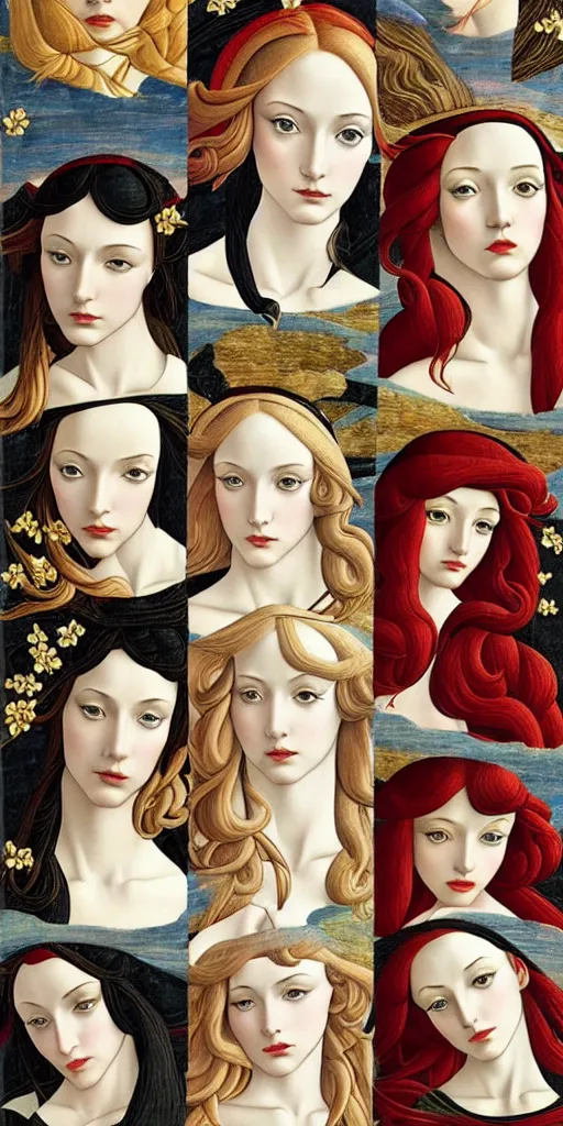 Image similar to the 12 months of the year as 12 figures, (3 are Winter, 3 are Spring, 3 are Summer and 3 are Autumn), in a mixed style of Botticelli and Æon Flux!, inspired by pre-raphaelite paintings, and shoujo manga, stunningly detailed, fine inking lines, flat colors, 4K photorealistic