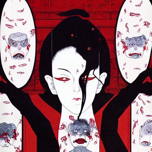 Prompt: beautiful vampire goth woman with red eyes surrounded by ghosts and shadows in a hallway of mirrors, Takato Yamamoto, award winning illustration, character concept