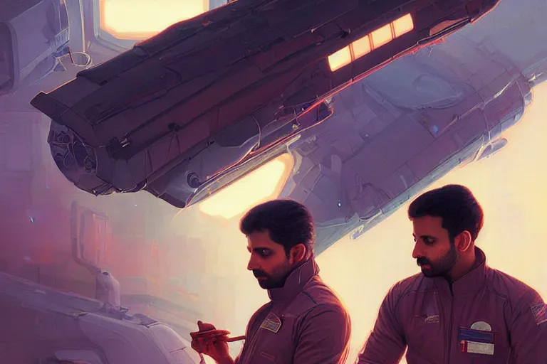 Image similar to Sensual good looking pale young Indian doctors wearing Blade Runner 2049 clothing in a space station above Earth, portrait, elegant, intricate, digital painting, artstation, concept art, smooth, sharp focus, illustration, art by artgerm and greg rutkowski and alphonse mucha