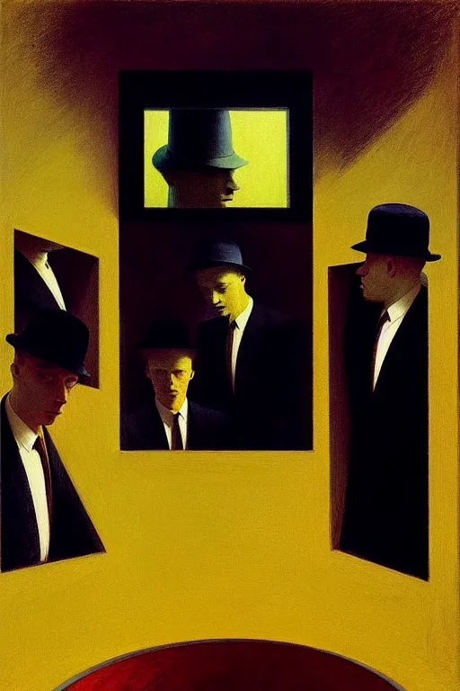 Image similar to group of men watching another man through a one sided mirror, edward hopper and james gilleard zdzislaw beksisnski higly detailed