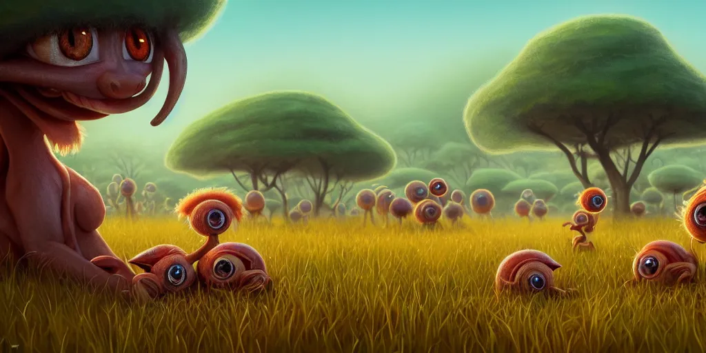 Prompt: of an intricate hazy savanna with strange weird cute creatures with long tongues, big eyes and huge noses appearing from the ground, in the style of margaret keane, low angle, macro lens, shallow depth of field, highly detailed, digital painting, trending artstation, concept art, illustration, cinematic lighting, vibrant colors, photorealism, epic, octane render