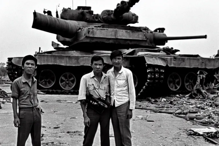 Prompt: a photo of a two mans posing in front of tank in destroyed vietnamese city, us journalism ministry photo, 1 9 6 9, fim still