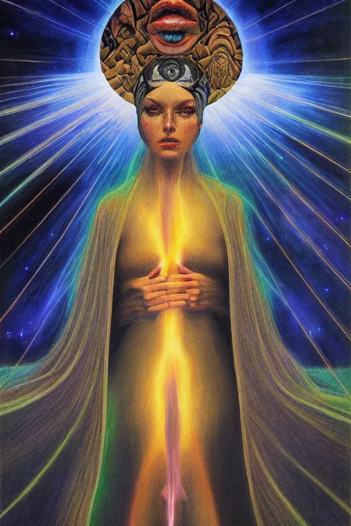 Image similar to gorgeous robed cult girl performing realism third eye ritual, dark theme night time, expanding electric energy waves into the ethereal realm, epic surrealism 8k oil painting, portrait, perspective, high definition, post modernist layering, by Ernst Fuchs, Gerald Brom