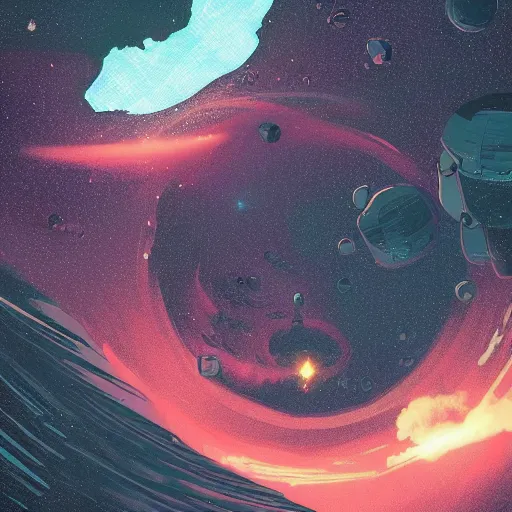 Image similar to view of a black hole swallowing a star as seen from space, by laurie greasley and andreas rocha and brian sum and makoto shinkai, rule of thirds, colorful and bright, clouds in the distance, unreal engine, cinematic lighting, volumetric lighting, featured on artstation