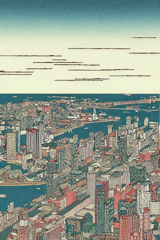 Image similar to City of Melbourne, in the style of Kawase Hasui, intricate, ultra-detailed