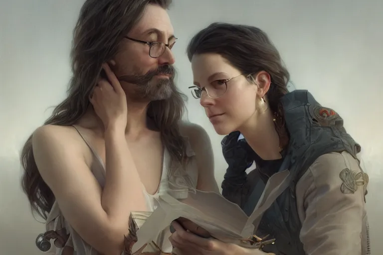 Image similar to portrait painting of scott galloway and kara swisher, ultra realistic, concept art, intricate details, serious, highly detailed, photorealistic, octane render, 8 k, unreal engine. art by artgerm and greg rutkowski and alphonse mucha