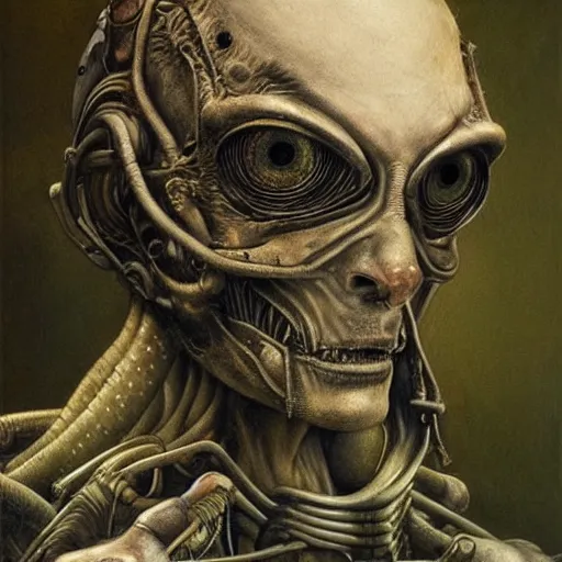 Image similar to face of an alien god, hyperrealistic painting santiago caruso, highly detailed, sharp focus, cyberpunk synthwave psychedelic