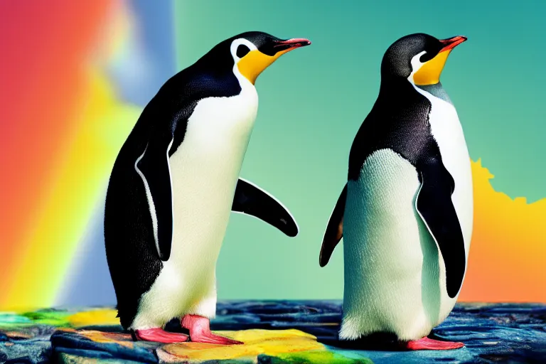 Prompt: a cinematic photo of a penguin, rainbow, lemonade, masterpiece