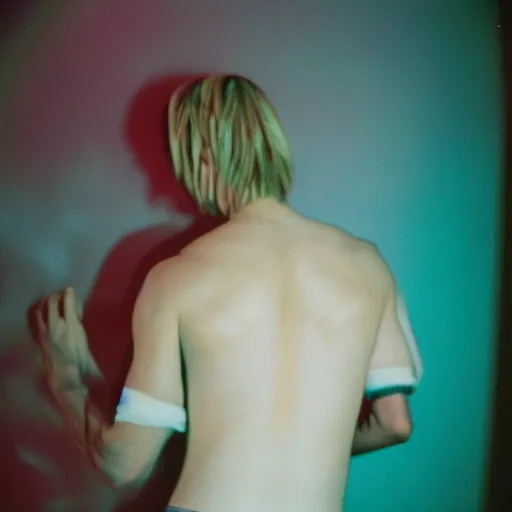 Prompt: kodak portra 4 0 0 photograph of a skinny blonde guy standing in cluttered 9 0 s bedroom, back view, moody lighting, telephoto, 9 0 s vibe, retro, blurry background, vaporwave colors, faded!,