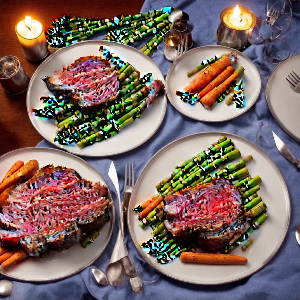 Image similar to product shot of a dinner with prime rib, asparagus, mashed potatoes and gravy, and steamed carrots with blue table cloth and lit candles in ornate silver candlesticks, ultra - realistic, photo realism, professional photograph, extreme detail, deep focus, laser sharp, volumetric lighting, atmospheric, luxury, elite