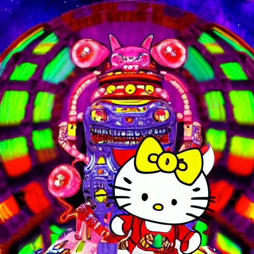 Prompt: a detailed 3 d render of a demonic japanese oni hellokitty mecha robot alien god wearing a raver outfit by lisa frank and cicely mary barker, taiyo matsumoto, myst, beeple, cgsociety, crisp, low angle shot
