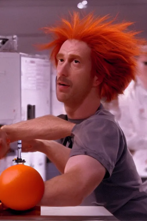 Image similar to an awkwardly tall scientist with a tangled orange bead and unruly red hair atop his balding head, high resolution film still, movie by Ivan Reitman