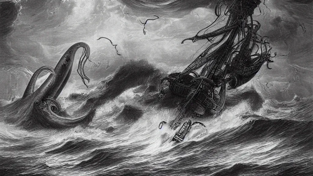 Prompt: drawing of a giant squid attacking a submarine beneath a stormy ocean, by gustave dore, nineteenth century, black and white, vintage, science fiction, epic composition, dramatic lighting, highly detailed, cinematic