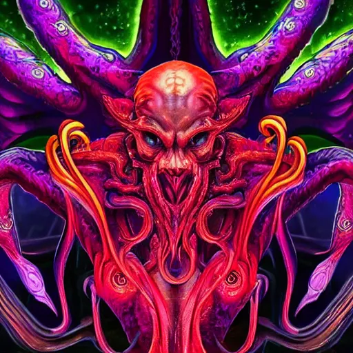 Image similar to 4 k stylized neon headshot of godlike cthulhu with defined arms and open hands and bloody clothes with giant mandala wings, intricate face, flawless anime cel animation by kentaro miura, psychedelic, highly detailed upper body, professionally post - processed, beautiful, scary, symmetry accurate features, epic, octane rendered, anime masterpiece, accurate