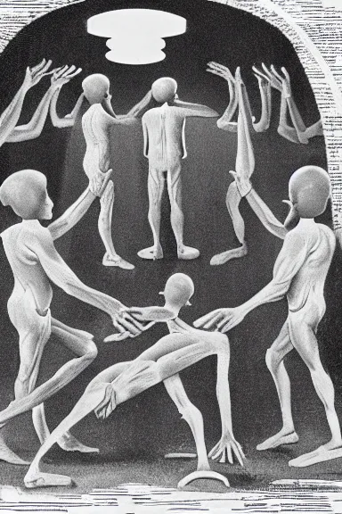 Image similar to A vintage scientific illustration from the 1970s of humans forming caves with their bodies