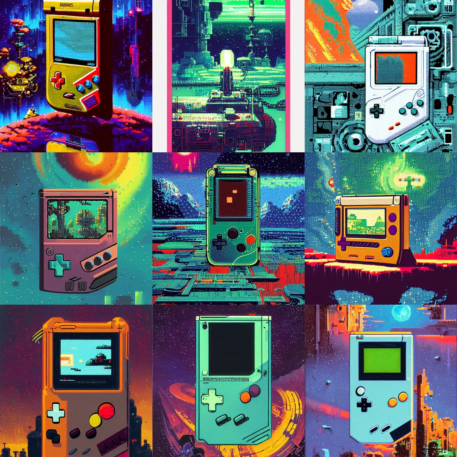 Prompt: epic illustration a nintendo gameboy by Paul Lehr, detailed, screen print