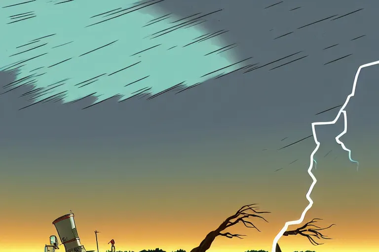 Prompt: a study of a cell shaded cartoon of lightning hitting a tree from howl's moving castle ( 2 0 0 4 ) at night on a desert road, full body, wide shot, very muted colors, post grunge, studio ghibli, laurie greasley, highly detailed, deviantart, art by artgem