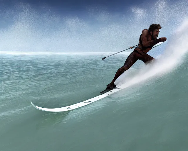 Prompt: single spartan paddling surfi ski through waves, epic award winning action cinematic still from the movie 3 0 0, 8 k, global illumination, detailed face, muscles, rim highlights, hyper realistic, stunning waves, happy vibes