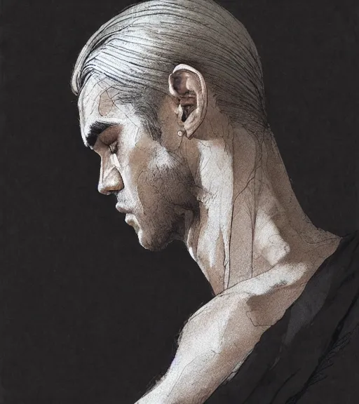 Image similar to portrait of shaven man with blond ponytail hair up wearing black robes, pen and ink, intricate line drawings, by craig mullins, ruan jia, kentaro miura, greg rutkowski, loundraw