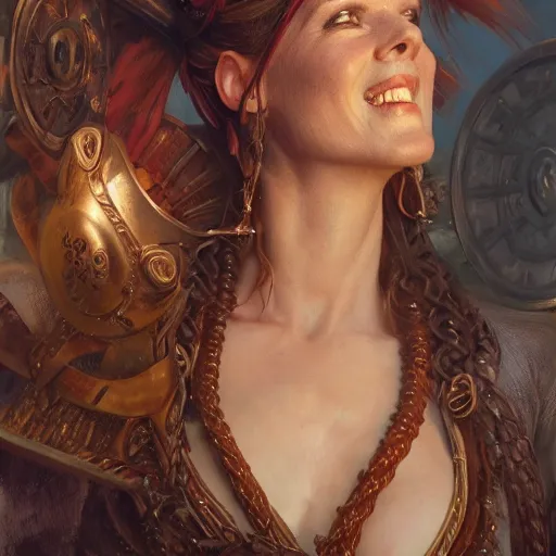 Prompt: an portrait of an happy female celt, detailed, centered, digital painting, artstation, concept art, donato giancola, Joseph Christian Leyendecker, WLOP, Boris Vallejo, Breathtaking, 8k resolution, extremely detailed, beautiful, establishing shot, artistic, hyperrealistic, beautiful face, octane render