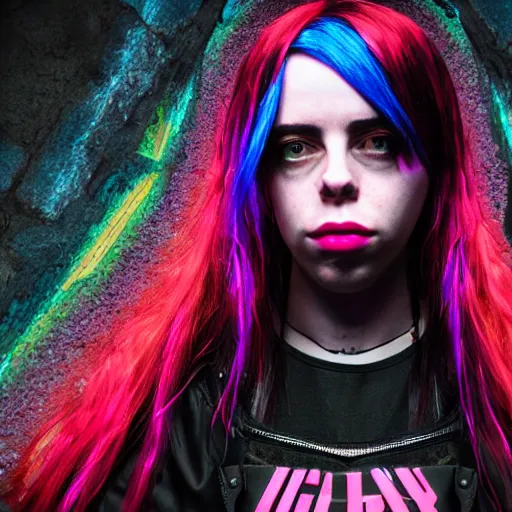 Image similar to Cyberpunk Billie Eilish, (Sony a7R IV, symmetric balance, polarizing filter, Photolab, Lightroom, 4K, Dolby Vision, Photography Award)