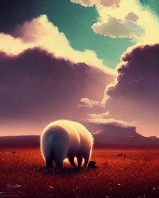 Image similar to white capybara at a cold tundra land, surreal photography, dramatic, impressionist painting, colorful clouds, digital painting, artstation, kilian eng, john harris, bastien lecouffe - deharme, simon stalenhag, flower face