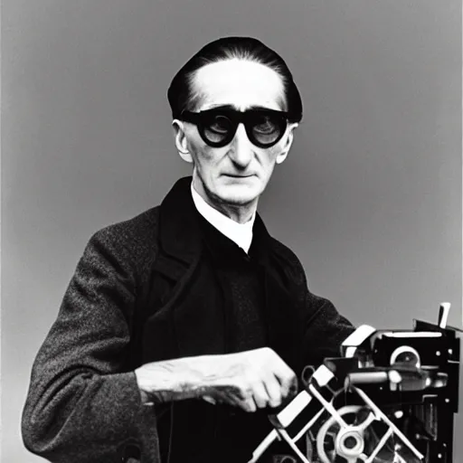 Image similar to Kodachrome portrait of Marcel Duchamp with an technologival machine, archival pigment print in the style of Hito Steyerl, studio shooting, contemporary art