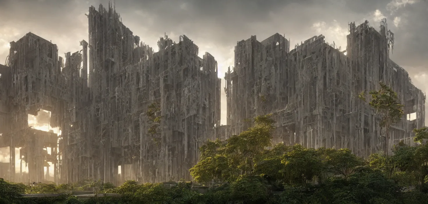 Image similar to an extremely detailed cathedral of brutalist architecture, surrounded by lush green vegetation, stunning volumetric lighting, sunset, metal, concrete, translucent material, stunning skies, 8k, photorealistic, hyper detailed, unreal engine 5, IMAX quality, cinematic, epic lighting, digital painting in the style of DOOM and Quake, by Greg Rutkowski, trending on Artstation