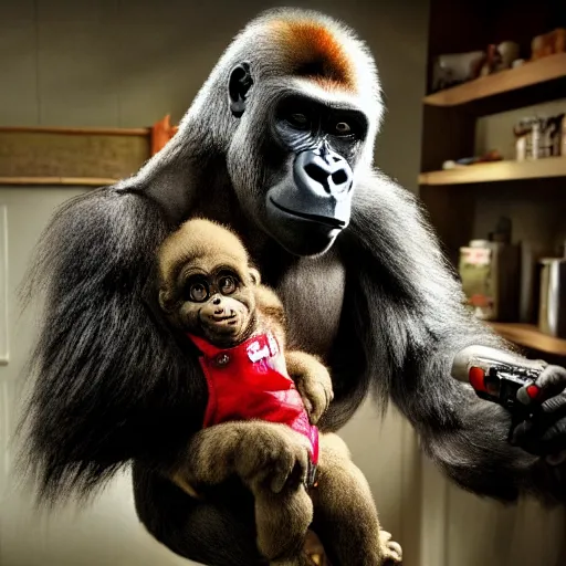 Image similar to stunning awe inspiring a gorilla holding chucky the killer doll movie still 8 k hdr atmospheric lighting