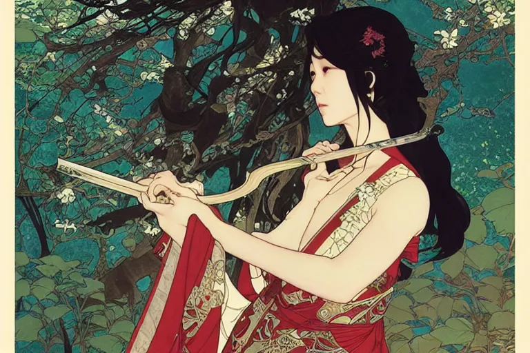 Image similar to beautiful cinematic fantasy poster, asian woman side view using a bokken in forest ; intricate complexity, by shigenori soejima, krenz cushart, alphonse mucha, takato yamamoto, conrad roset, 4 k, beautiful, high quality - h 9 6 0