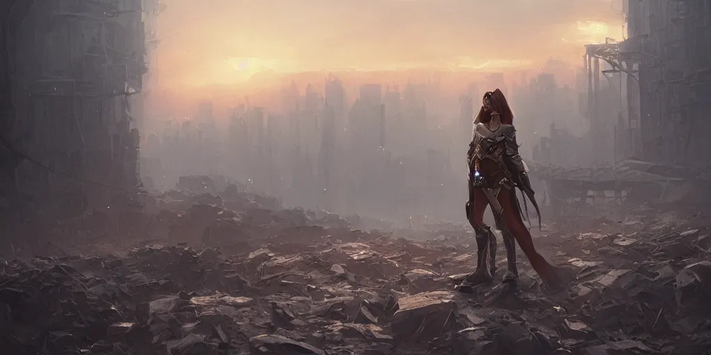 Prompt: a female knight, newyork is a wasteland, sunset in background, muted colours, breathtaking, sharp focus, smooth, greg rutkowski, highly detailed 4 k art