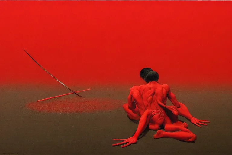 Image similar to only with red, a red samurai do seppuku, tokio, a lot of frogs watch, in the style of beksinski, parts by edward hopper, parts by rodcenko, parts by yue minjun, intricate and epic composition, red by caravaggio, insanely quality, highly detailed, masterpiece, red light, artstation, 4 k