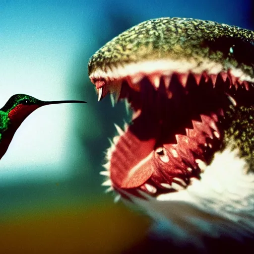 Prompt: nature photograph of a hummingbird eating a shark, 4k, national geographic