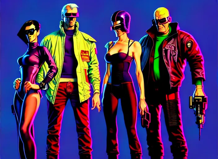 Image similar to cyberpunk heist crew. portrait by stonehouse and mœbius and will eisner and gil elvgren and pixar. character design. realistic proportions. cyberpunk 2 0 7 7 character art, blade runner 2 0 4 9 concept art. cel shading. attractive face. thick lines. the team. diverse characters. artstationhq.