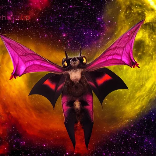 Prompt: huge demonic moth bat hyrbrid, flying into the midnight sun, in the shade of the cosmic nebula sun in the backdrop, photo pic by wispy in horrors