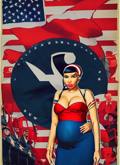 Image similar to pregnant nicki minaj in nazi uniform, president election usa propaganda poster, usa flags in the background, colored, artgerm, highly detailed