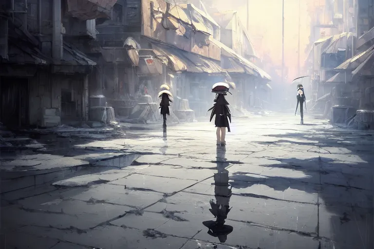 Image similar to baroque oil painting of anime key visual concept art of girl's last tour scenery official art, white clean abandoned concrete cityscapes, trending on artstation, palette knife and brush strokes, oil on canvas, style of makoto shinkai greg rutkowski studio ghibli