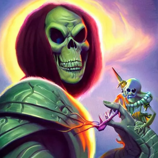 Prompt: portrait painting of skeletor, dnd beyond avatar portraits, beautiful, artistic, elegant, lens flare, magical, nature, realism, stylized, art by jeff easley and genndy tartakovsky