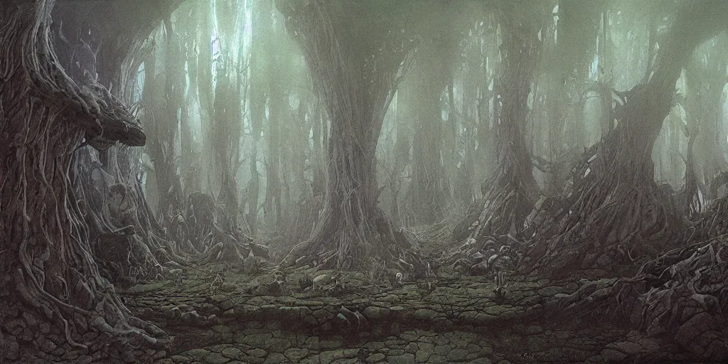 Prompt: artwork by john howe of a forest of abyss elders