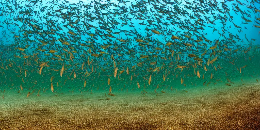 Image similar to Underwater photograph of a school of minnows swimming in sandy shallows. 8k high resolution.