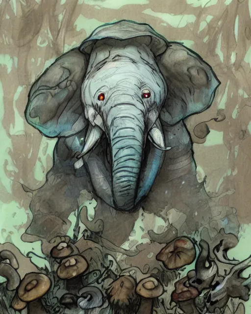 Image similar to Loxodon Druid covered in mushrooms, drawn by Yoji Shinkawa, water color, Dungeons and Dragons, Wizards of the Coast, full shot