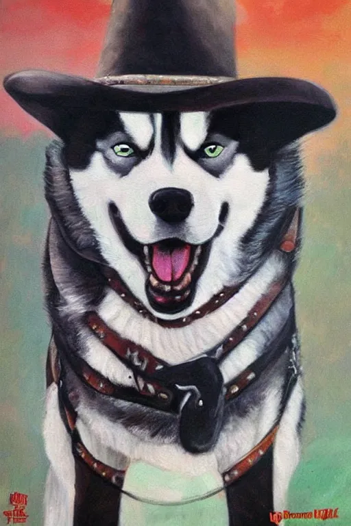 Image similar to a portrait painting of a husky in cowboy costume in the style of anime, a fistful of dollars, per un pugno di dollari