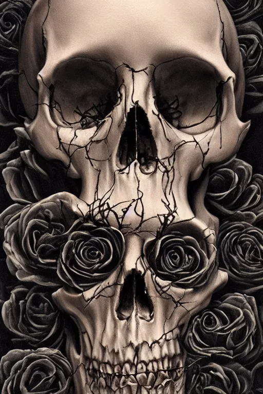 Prompt: A hyper-realistic and beautiful painting of a human skull adorned with black roses , detailed and intricate , horror, creepy, memento mori , smoke, ominous, unnerving , matte painting, cinematic, cgsociety, as featured in Artstation, James jean, Brian froud , rossdraws hyperrealism, award winning artwork, trending on artstation, high quality printing, fine art with subtle redshift rendering