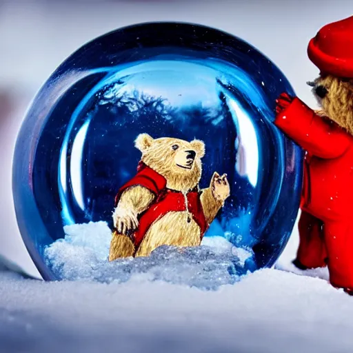 Prompt: Paddington Bear trapped in a snow globe